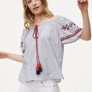 Ann Taylor LOFT Size Large Striped Off Shoulder Blouse Tassels Embroidery